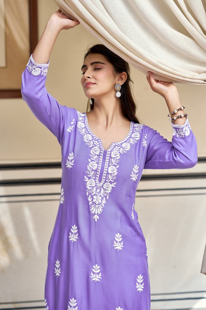 Lavender Embroidered Rayon Kurta Set