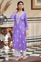 Lavender Embroidered Rayon Kurta Set