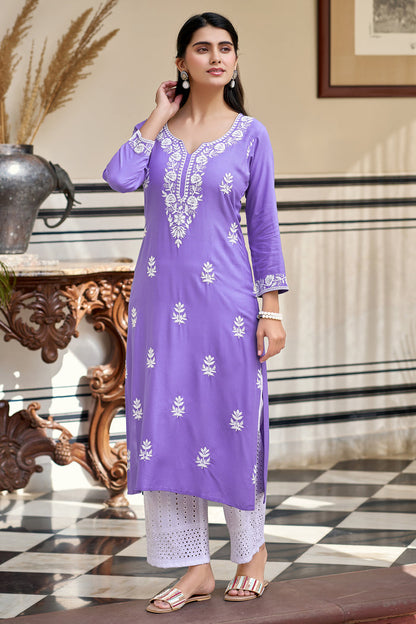 Lavender Embroidered Rayon Kurta Set