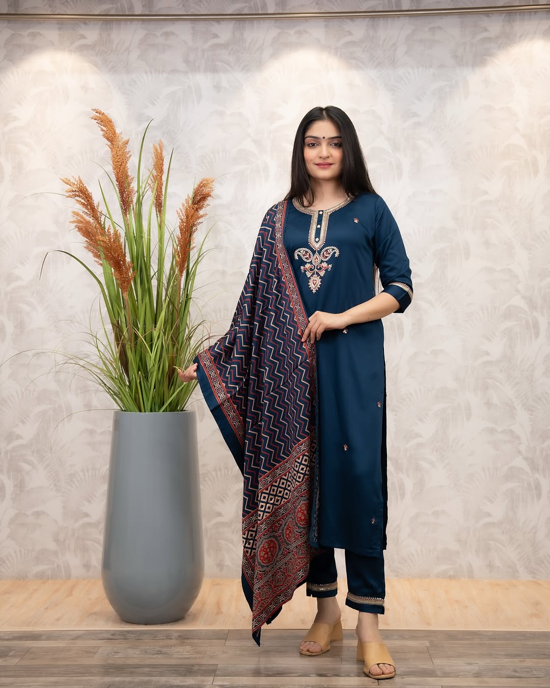 Navy Blue Chanderi Silk Embroidered Kurta Set