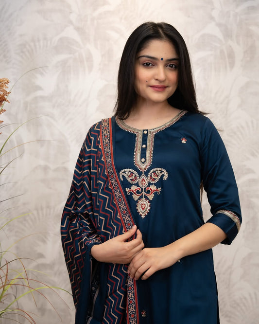 Navy Blue Chanderi Silk Embroidered Kurta Set
