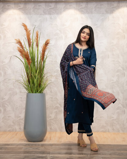 Navy Blue Chanderi Silk Embroidered Kurta Set