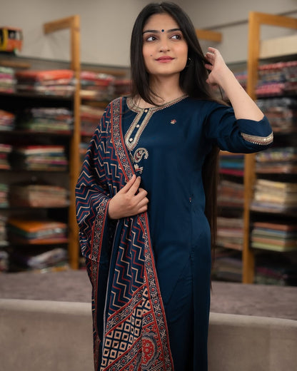 Navy Blue Chanderi Silk Embroidered Kurta Set