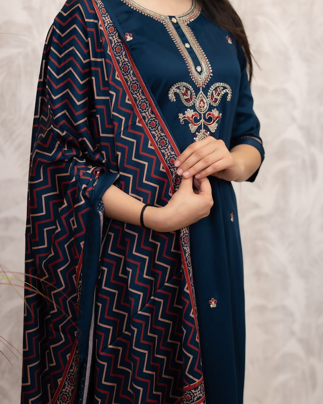 Navy Blue Chanderi Silk Embroidered Kurta Set