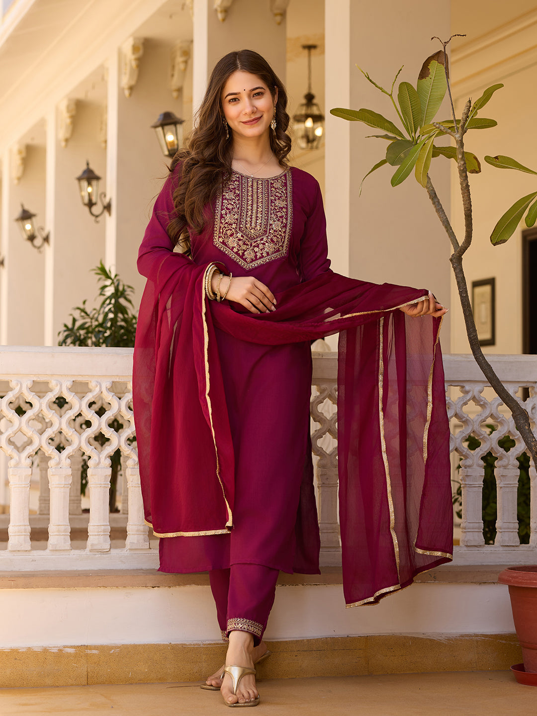 Maroon Rayon Embroidered Kurta Pant Dupatta Set