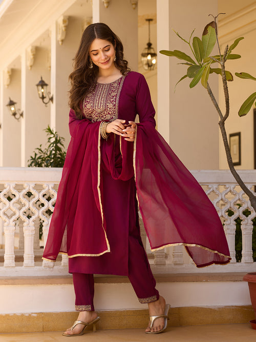 Maroon Rayon Embroidered Kurta Pant Dupatta Set