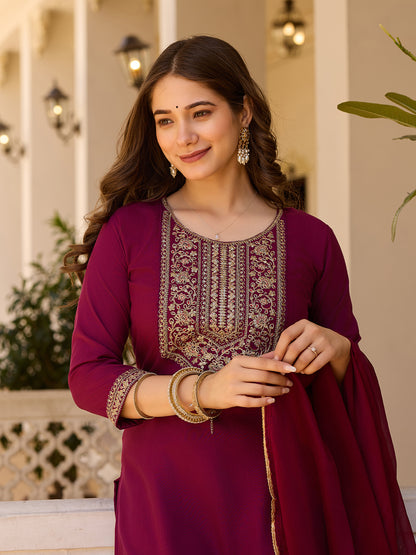 Maroon Rayon Embroidered Kurta Pant Dupatta Set