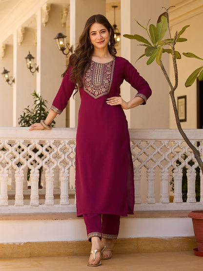 Maroon Rayon Embroidered Kurta Pant Dupatta Set