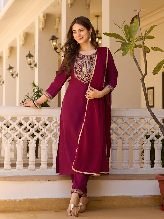 Maroon Rayon Embroidered Kurta Pant Dupatta Set