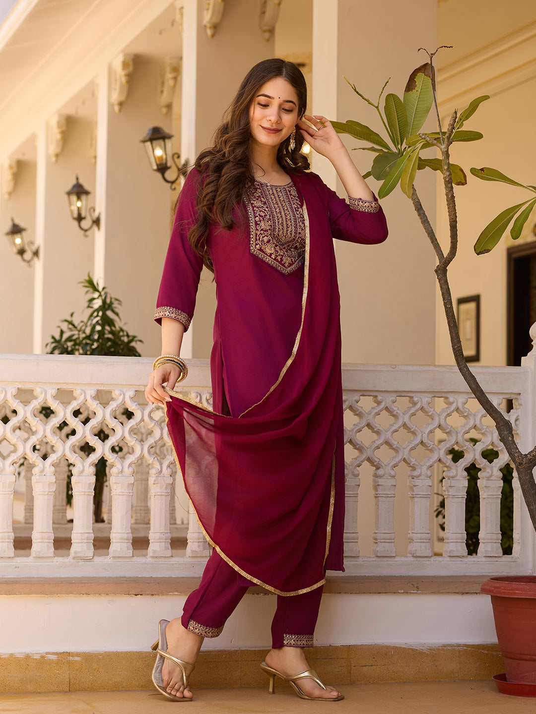 Maroon Rayon Embroidered Kurta Pant Dupatta Set