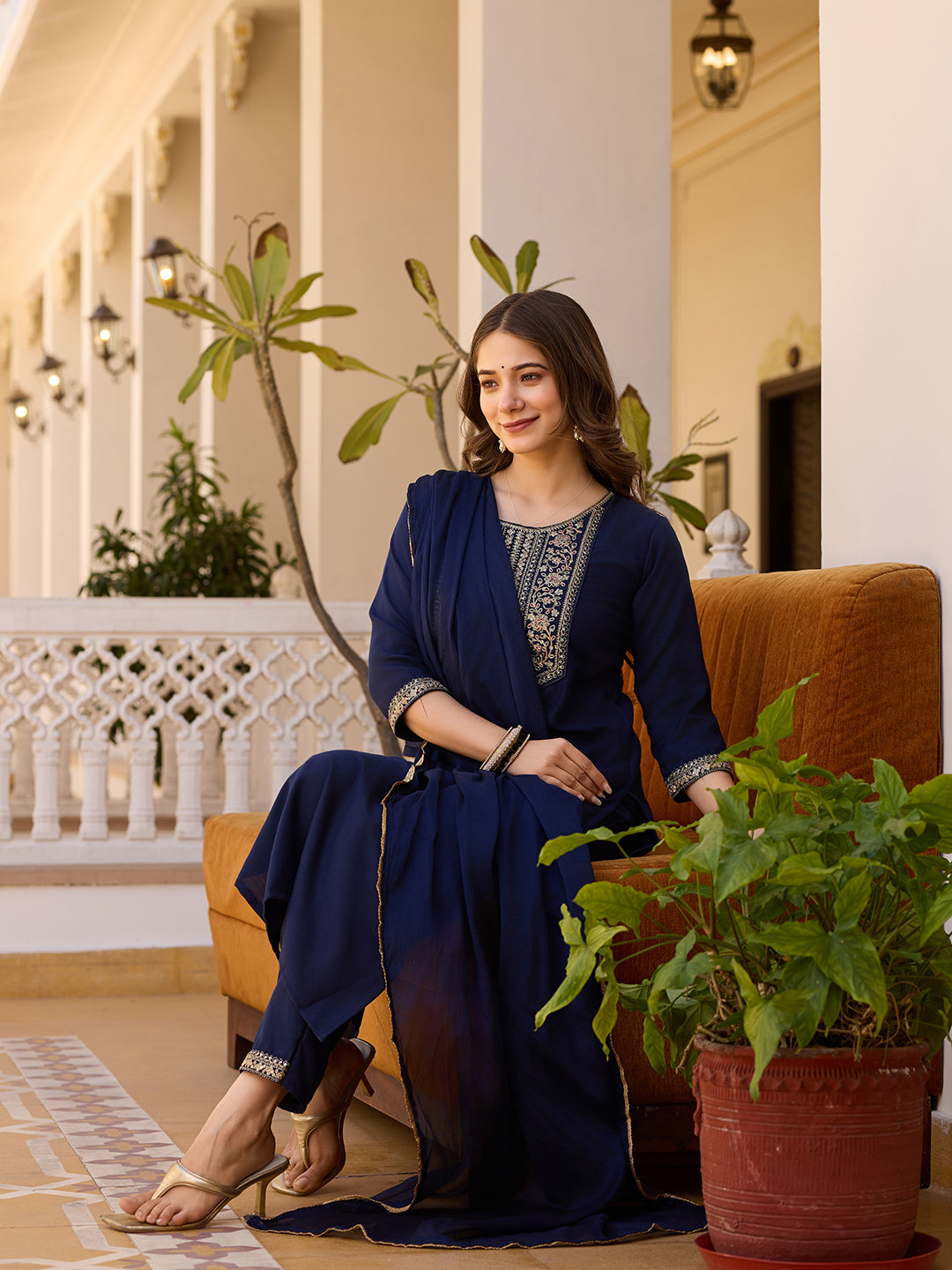Navy Blue Embroidered Rayon Kurta Set