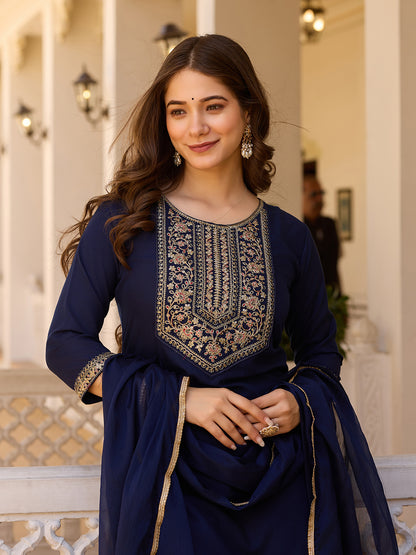 Navy Blue Embroidered Rayon Kurta Set