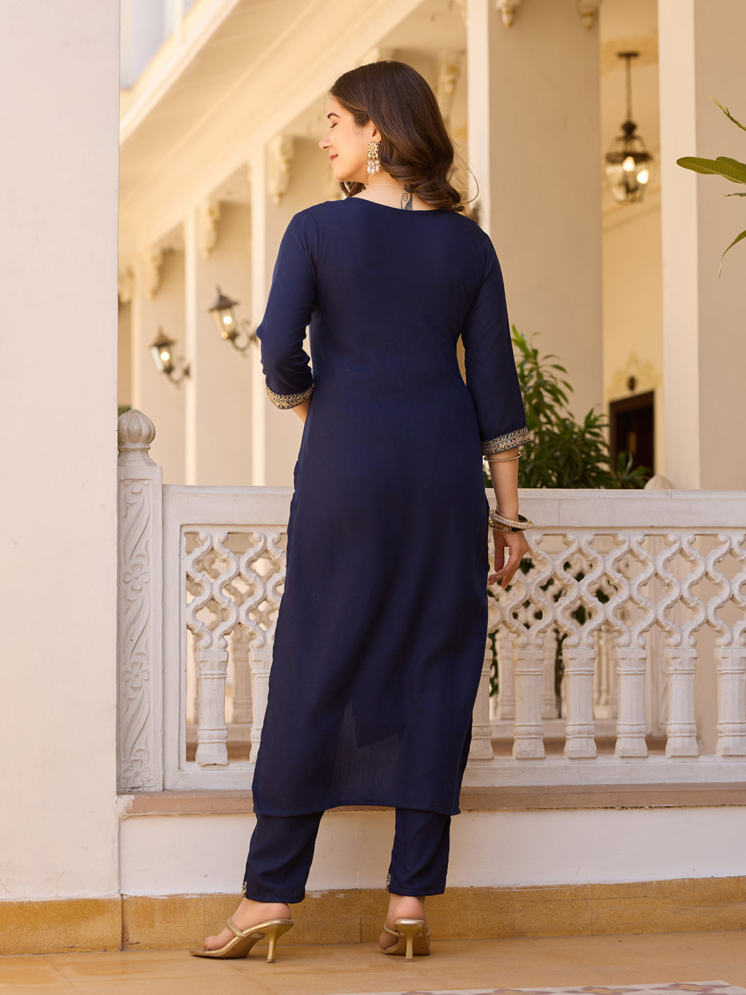 Navy Blue Embroidered Rayon Kurta Set