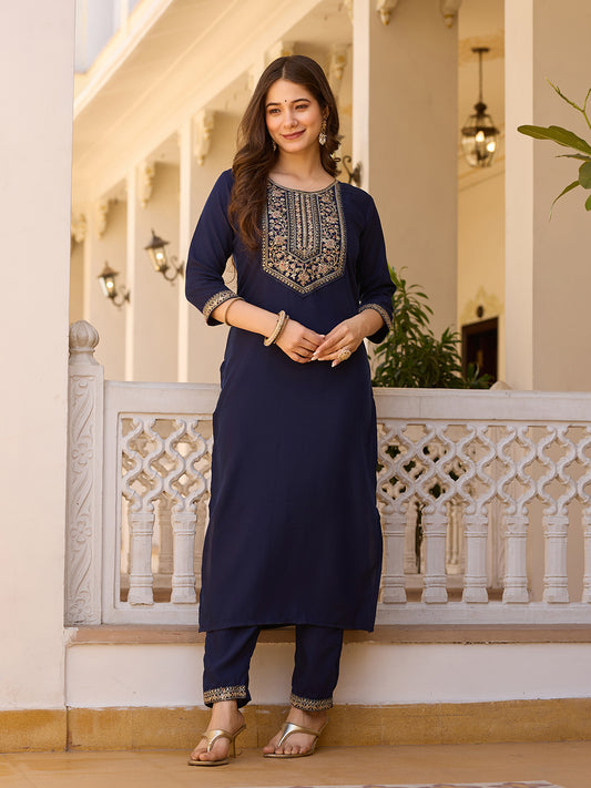 Navy Blue Embroidered Rayon Kurta Set