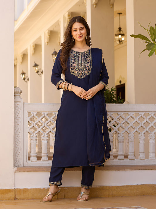 Navy Blue Embroidered Rayon Kurta Set