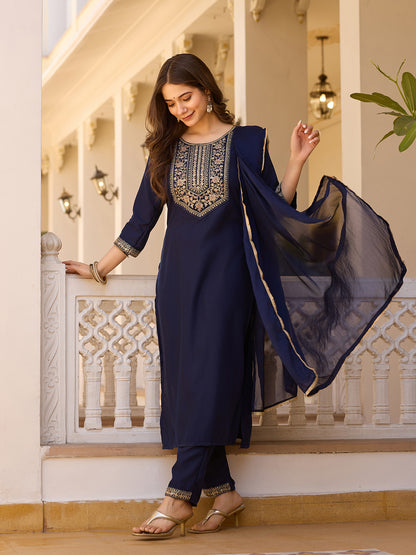 Navy Blue Embroidered Rayon Kurta Set