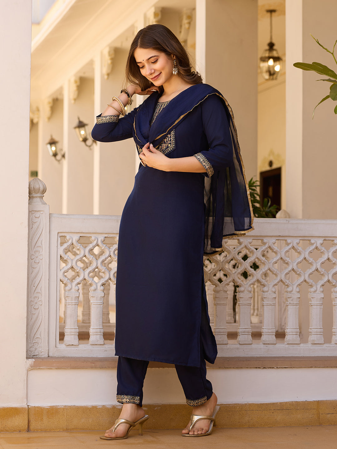 Navy Blue Embroidered Rayon Kurta Set
