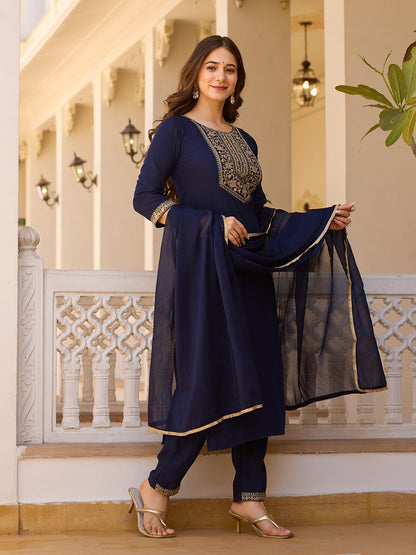 Navy Blue Embroidered Rayon Kurta Set