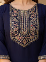 Navy Blue Embroidered Rayon Kurta Set