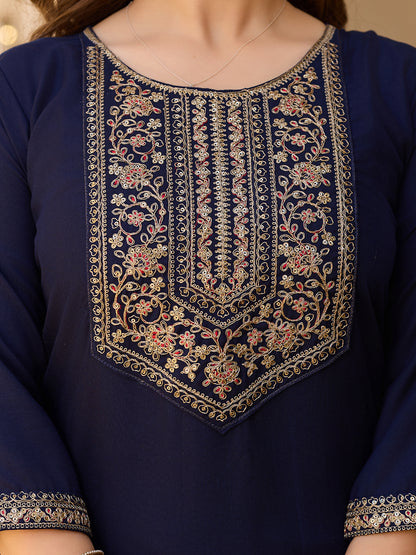 Navy Blue Embroidered Rayon Kurta Set
