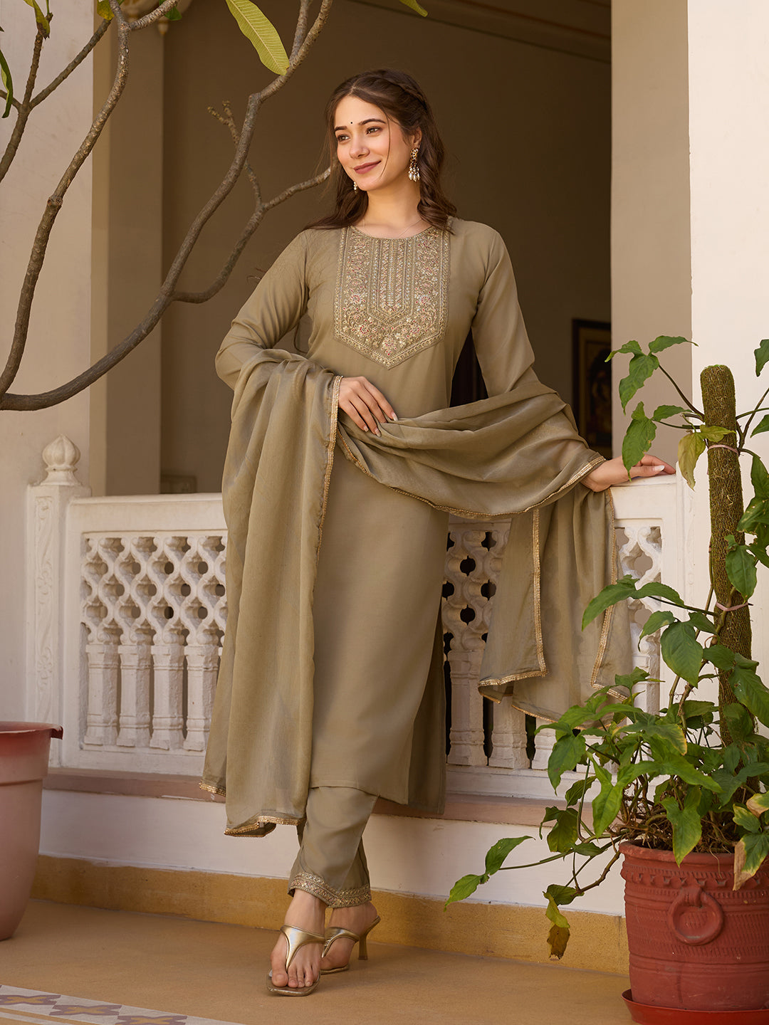 Elegant Olive Brown Embroidered Rayon Kurta Pant Dupatta Set