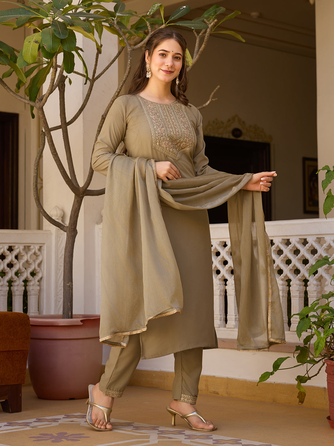 Elegant Olive Brown Embroidered Rayon Kurta Pant Dupatta Set