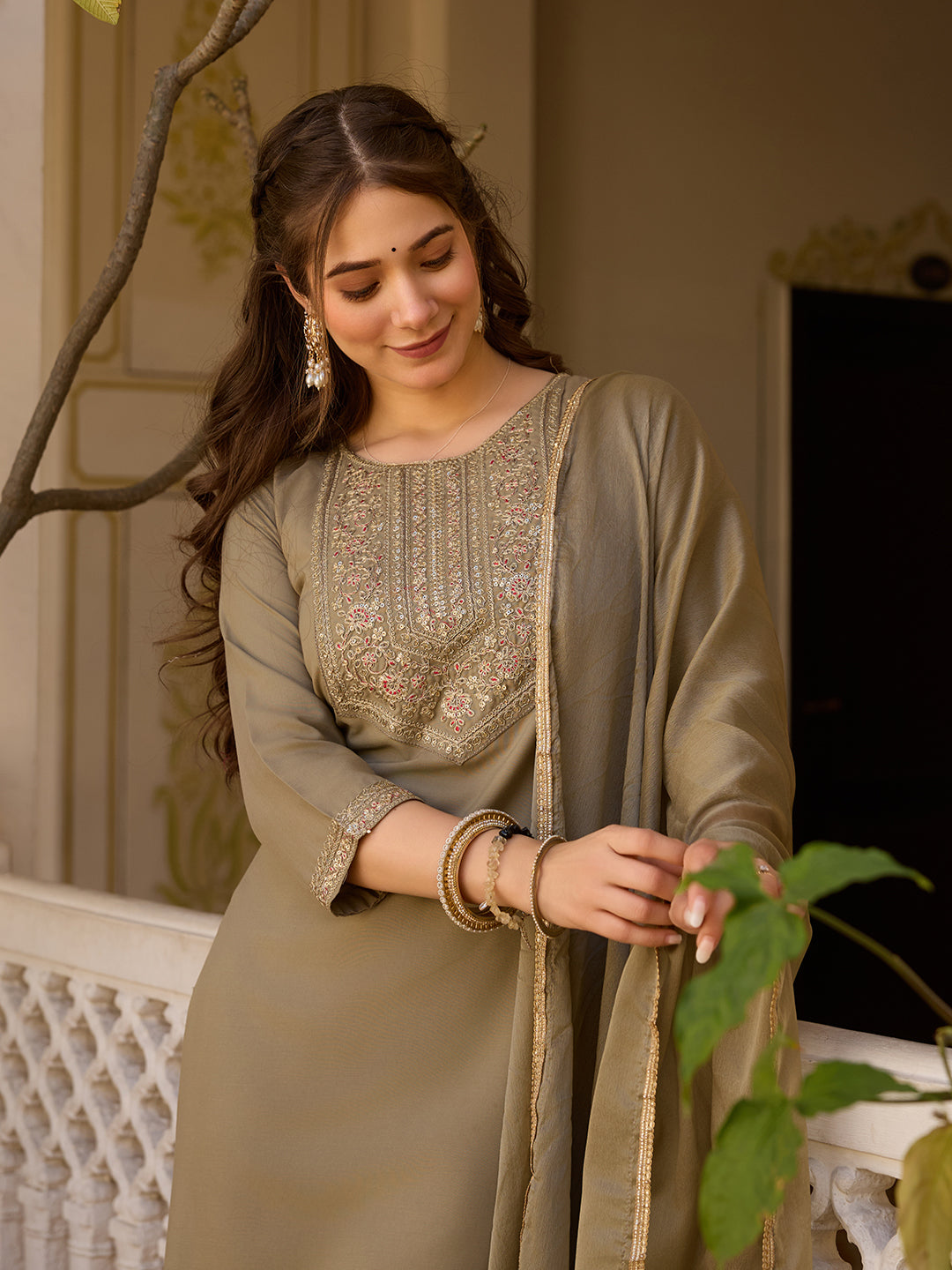 Elegant Olive Brown Embroidered Rayon Kurta Pant Dupatta Set