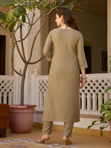 Elegant Olive Brown Embroidered Rayon Kurta Pant Dupatta Set