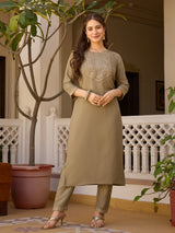 Elegant Olive Brown Embroidered Rayon Kurta Pant Dupatta Set