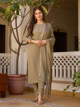 Elegant Olive Brown Embroidered Rayon Kurta Pant Dupatta Set