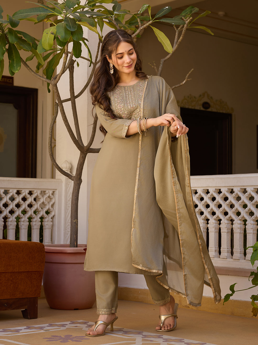 Elegant Olive Brown Embroidered Rayon Kurta Pant Dupatta Set
