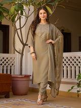 Elegant Olive Brown Embroidered Rayon Kurta Pant Dupatta Set