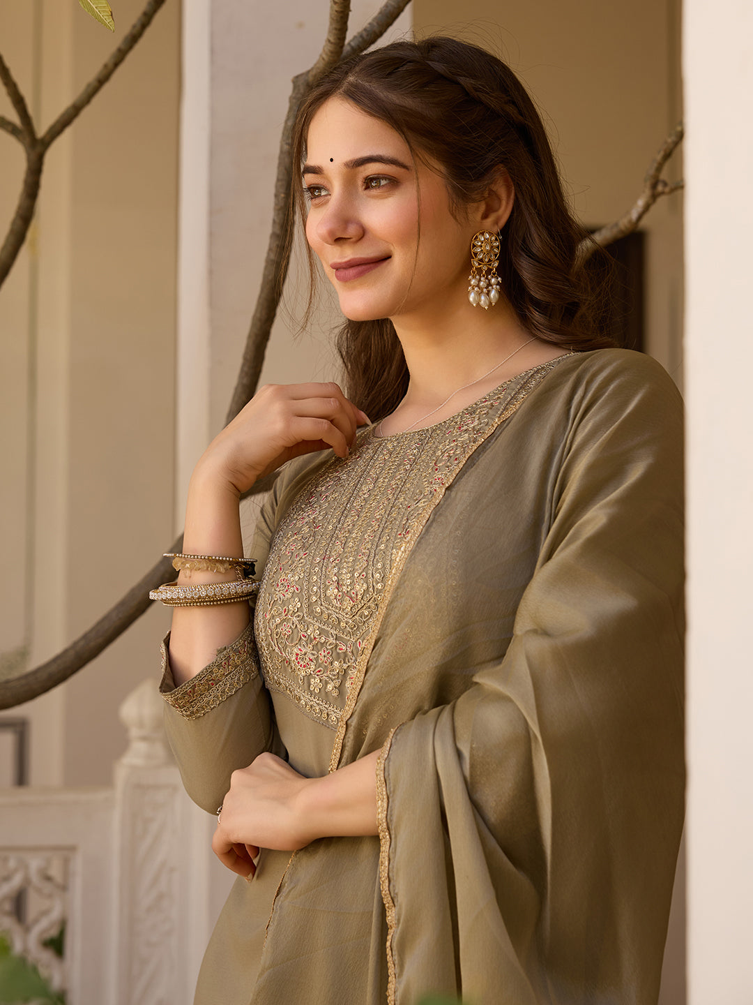 Elegant Olive Brown Embroidered Rayon Kurta Pant Dupatta Set