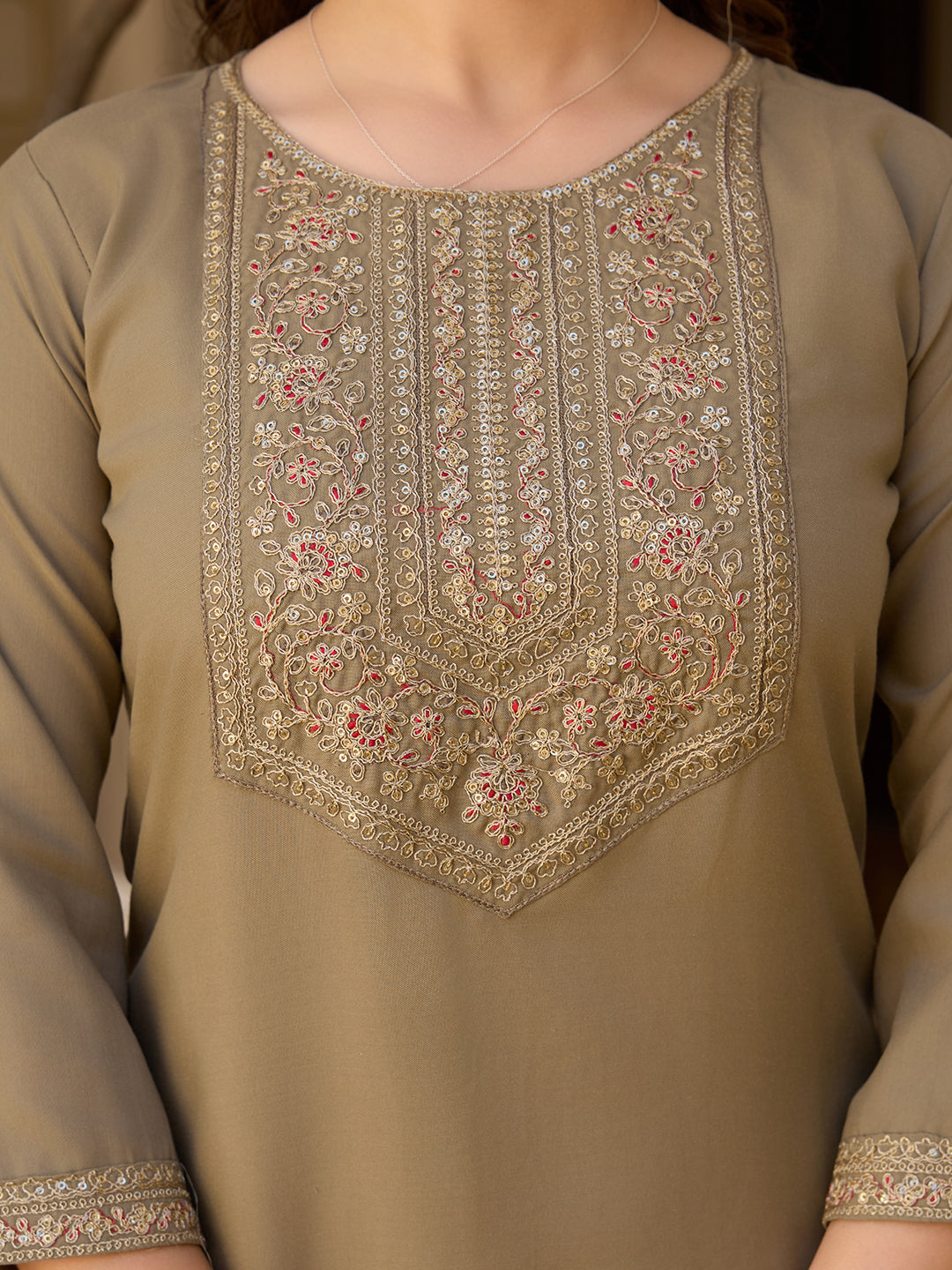 Elegant Olive Brown Embroidered Rayon Kurta Pant Dupatta Set