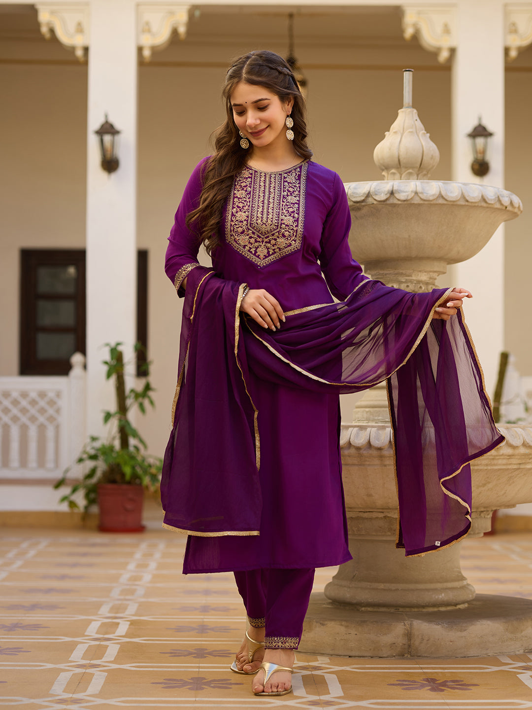 Wine Embroidered Rayon Kurta Set