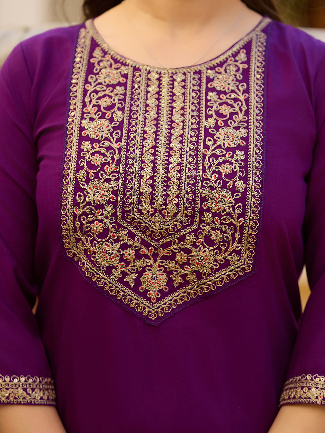 Wine Embroidered Rayon Kurta Set