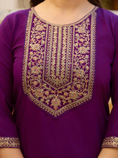 Wine Embroidered Rayon Kurta Set