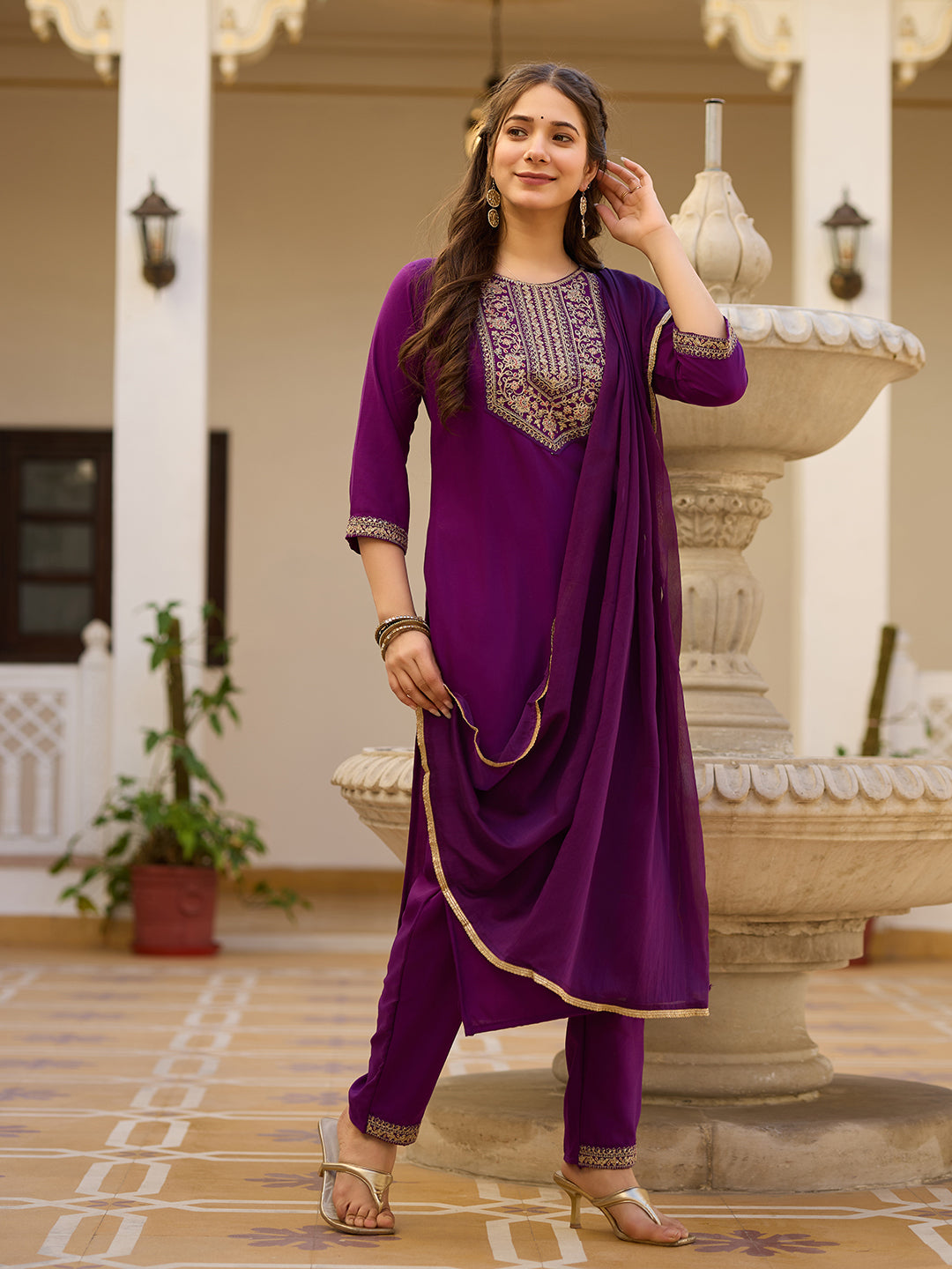 Wine Embroidered Rayon Kurta Set