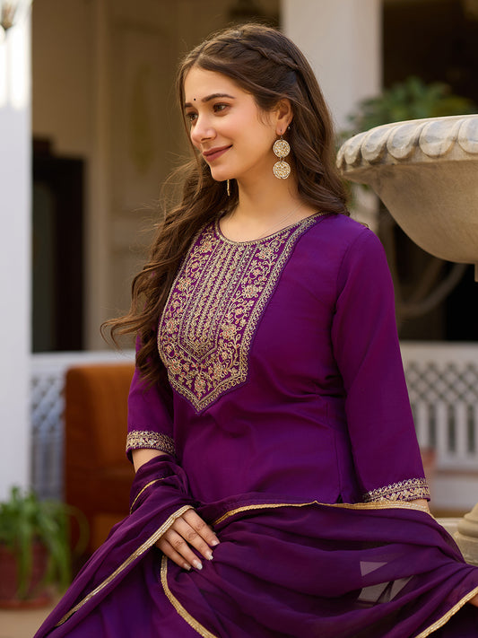 Wine Embroidered Rayon Kurta Set