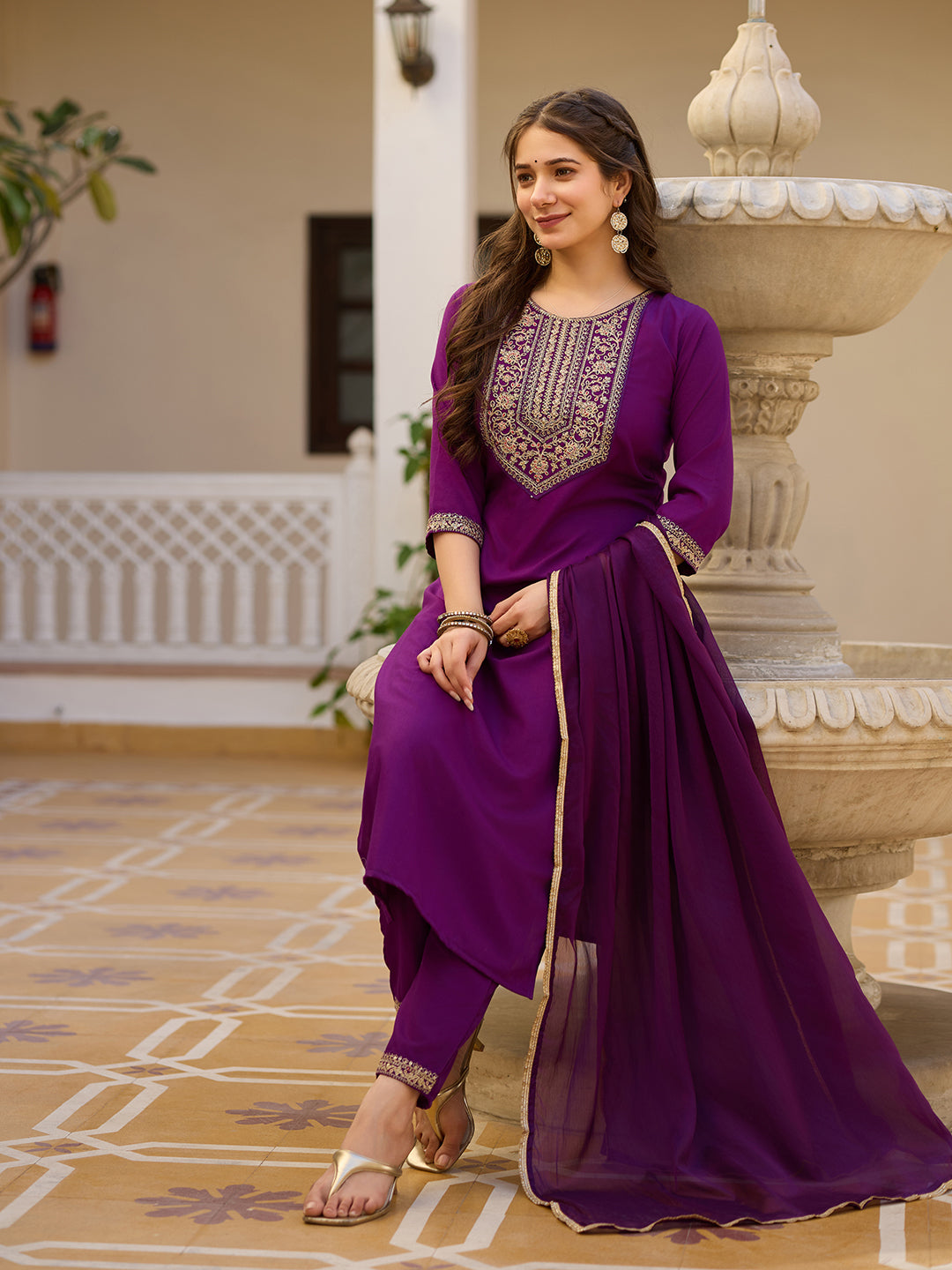 Wine Embroidered Rayon Kurta Set