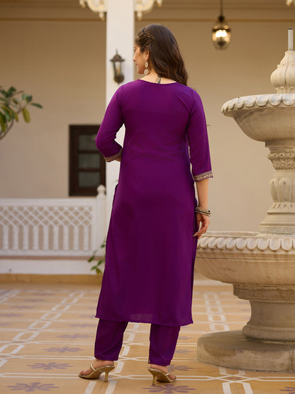 Wine Embroidered Rayon Kurta Set