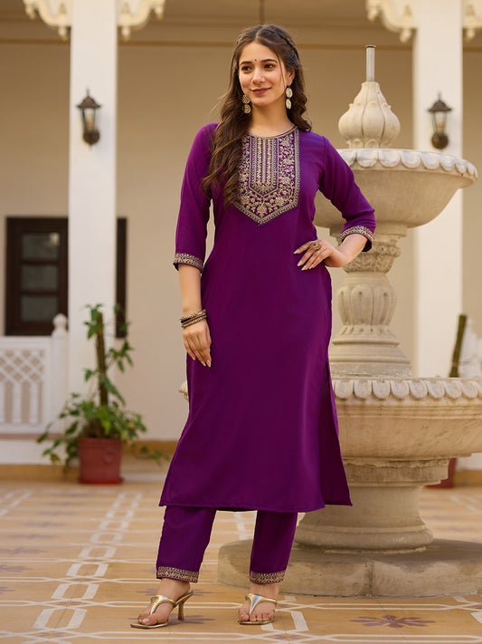 Wine Embroidered Rayon Kurta Set