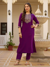 Wine Embroidered Rayon Kurta Set
