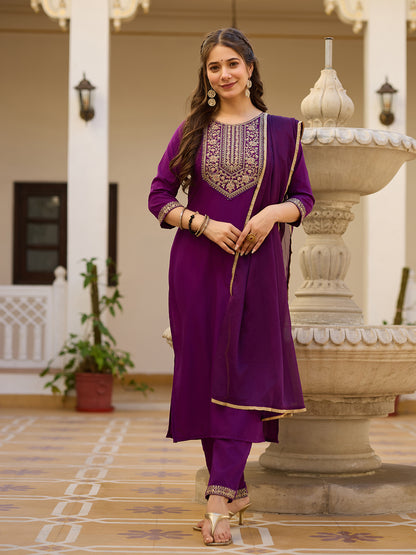 Wine Embroidered Rayon Kurta Set