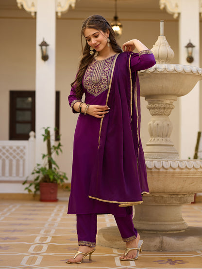 Wine Embroidered Rayon Kurta Set