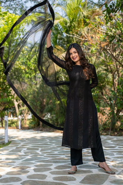 Elegant Black Embroidered Rayon Kurta Set