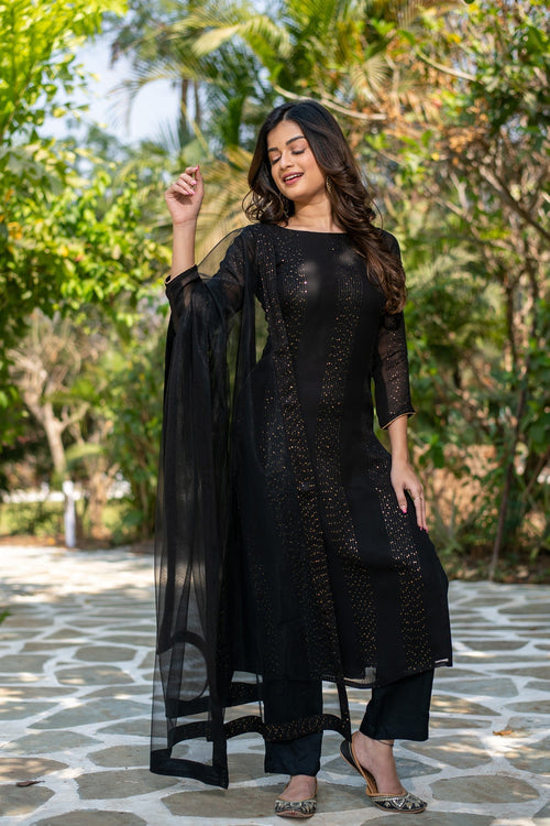 Elegant Black Embroidered Rayon Kurta Set