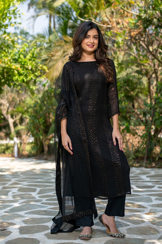 Elegant Black Embroidered Rayon Kurta Set