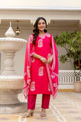 Hot Pink Printed Rayon Kurta Set