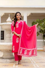 Hot Pink Printed Rayon Kurta Set